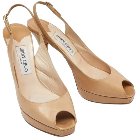 Jimmy Choo Heels Stiletto Slingback Platform Peep Toe Leather Beige EU39.5 US8.5 - Picture 1 of 6